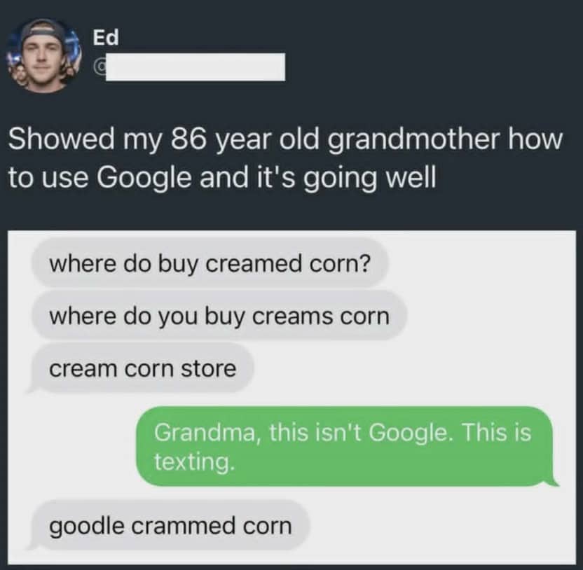 Text message conversation showing an elderly grandmother mistaking a texting app for Google search.