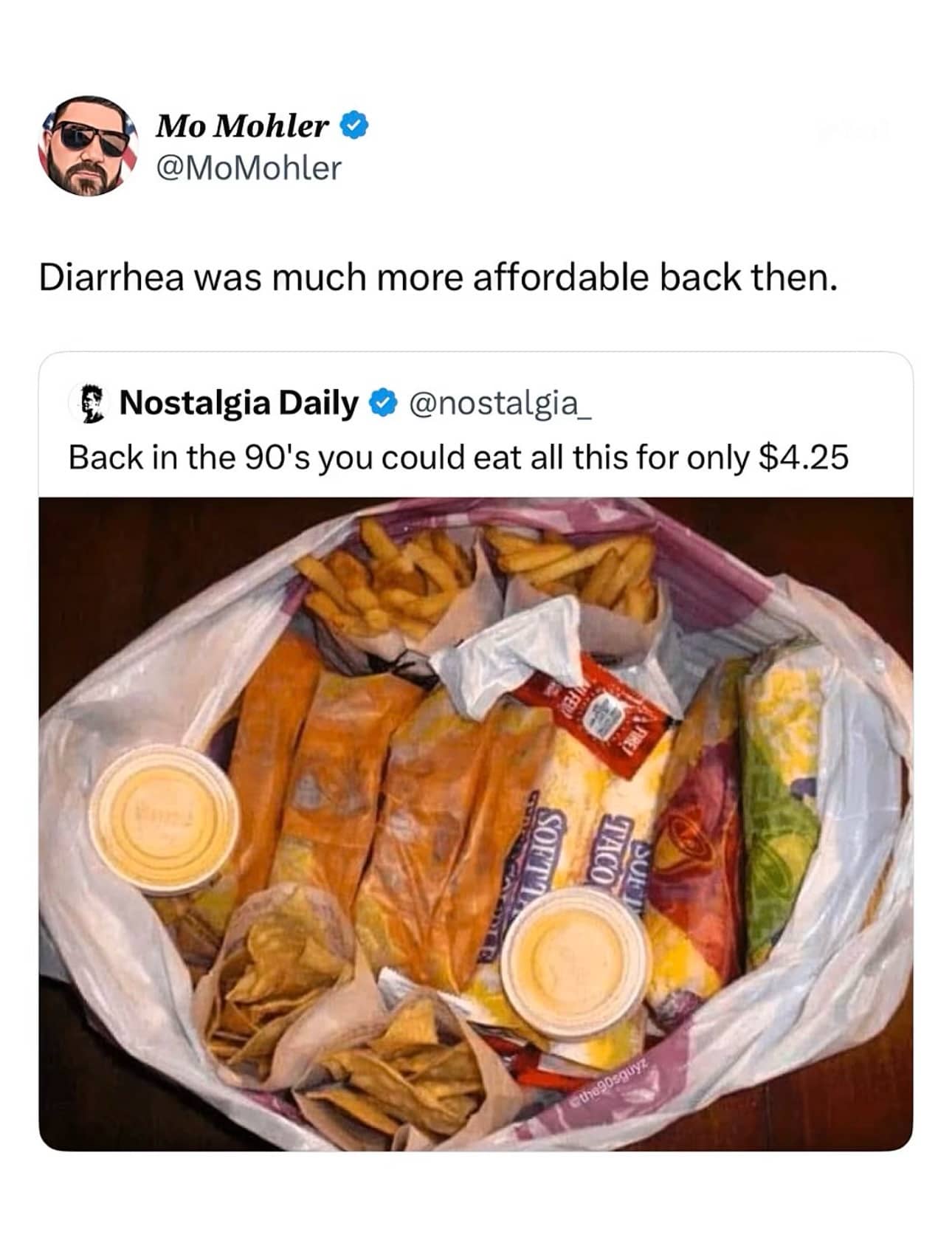 Throwback post showing a massive bag of 90s Taco Bell food for four dollars.