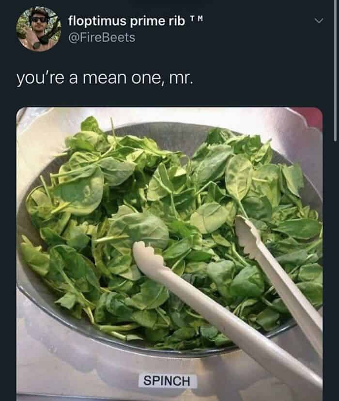A festive holiday-themed pop culture joke functions as a spelling fail meme, pairing a massive bowl of raw leafy salad greens labeled with a printed sticker reading "SPINCH" with a caption that plays on the classic Grinch theme song lyric: "you're a mean one, mr."