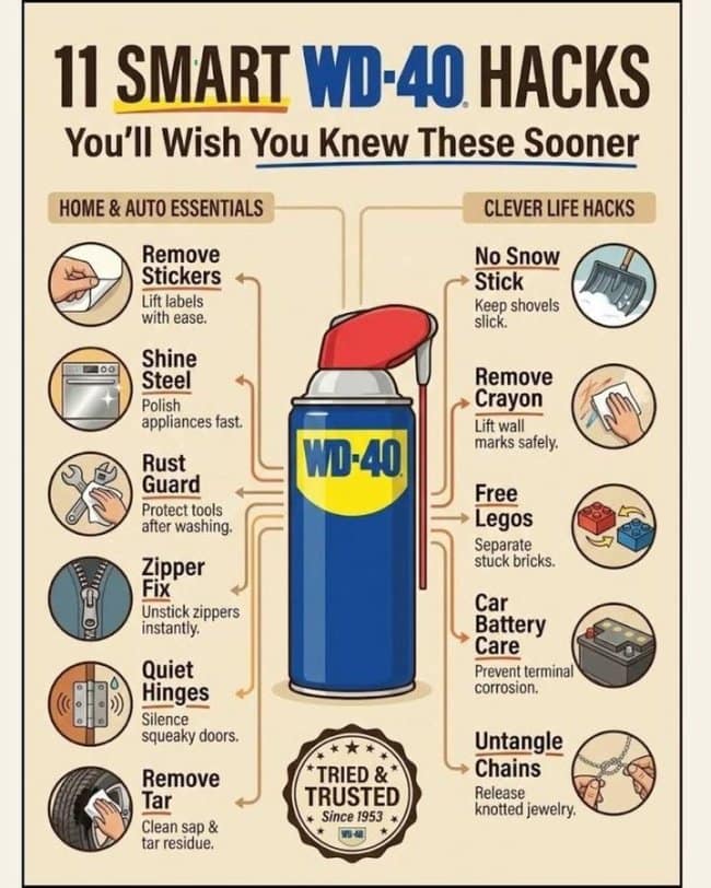 home improvement guide structured as an interesting infographic titled "11 SMART WD-40 HACKS," breaking down practical auto and household uses for the spray lubricant including removing stickers, shining steel, fixing stuck zippers, untangling jewelry chains, and separating stuck Lego bricks.