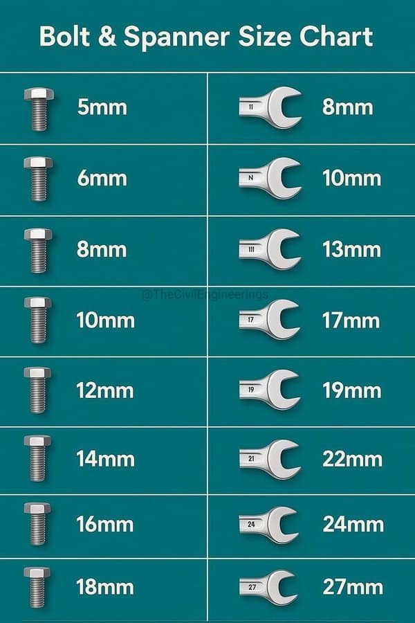 A mechanical reference guide formatted as an interesting infographic titled "Bolt & Spanner Size Chart," mapping out correct tool matches by pairing metric thread bolt sizes directly across from their corresponding open-ended spanner wrench sizes, running from 5mm up to 18mm.