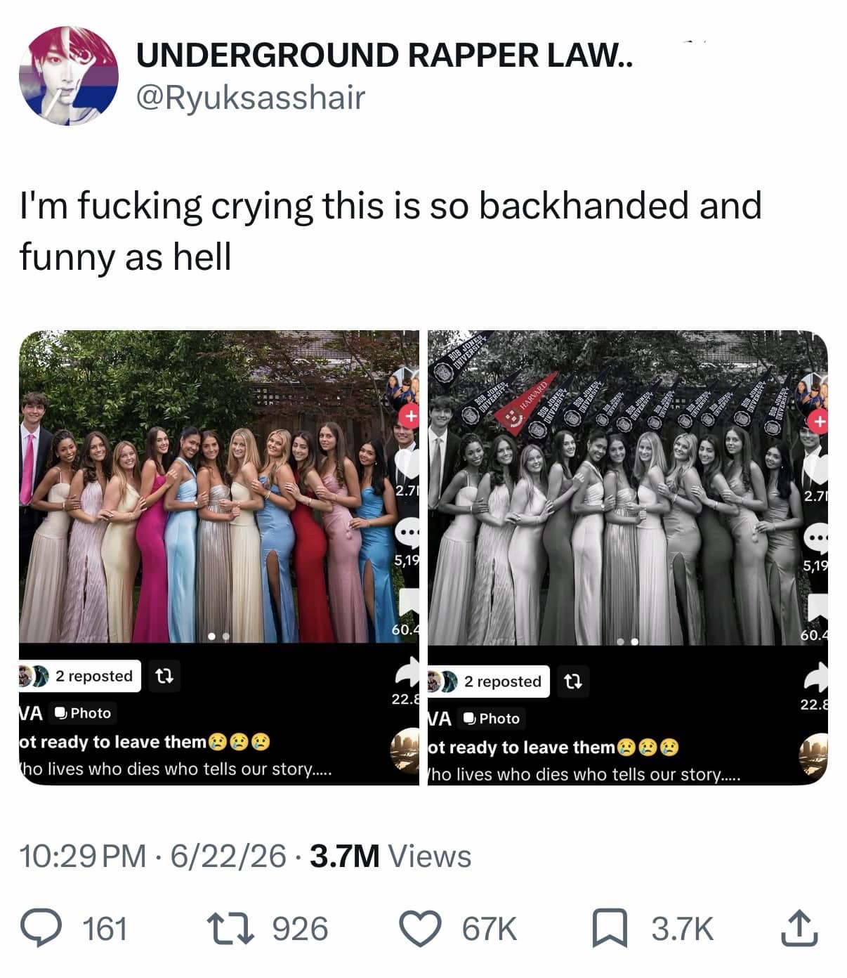 Tweet showing graduation group photo with mostly Bob Jones University flags and one Harvard flag.