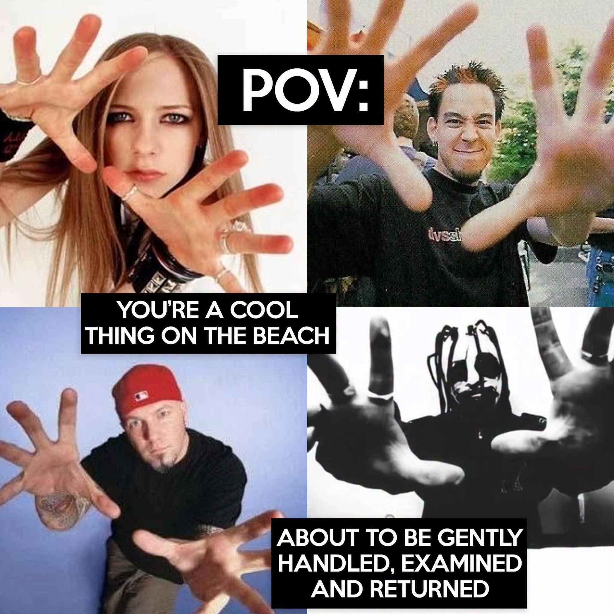 Four-panel POV meme showing early 2000s musicians reaching toward the camera like a cool beach rock.