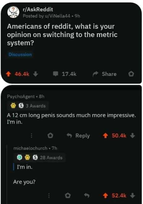 Reddit post about switching to the metric system with a humorous comment thread about centimeters.