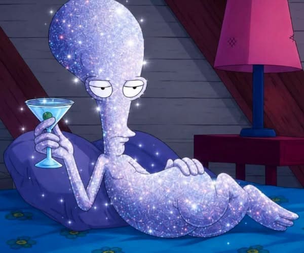 An entry from popular internet memes showing Roger the Alien from American Dad! completely covered in sparkly purple body glitter, lounging back on a bed while holding a blue martini glass.