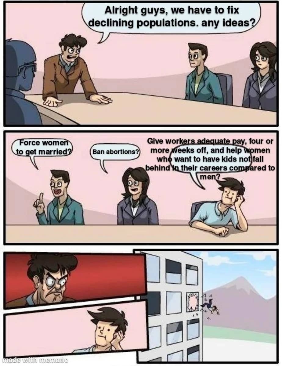 Boardroom meeting meme about declining populations with the sensible employee thrown out the window.