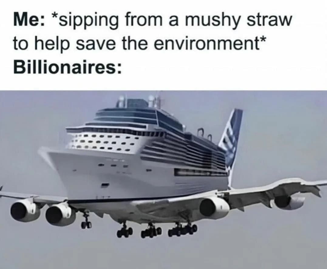 Meme contrasting environmental paper straws with a photoshopped cruise ship airplane representing billionaire carbon footprints.