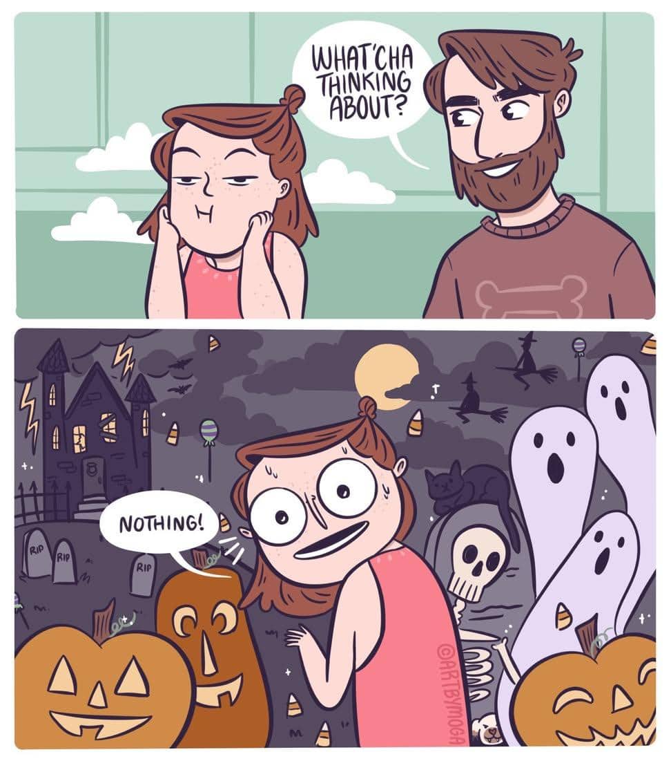Two panel relationship comic showing a woman thinking about Halloween ghosts, pumpkins, and skeletons.