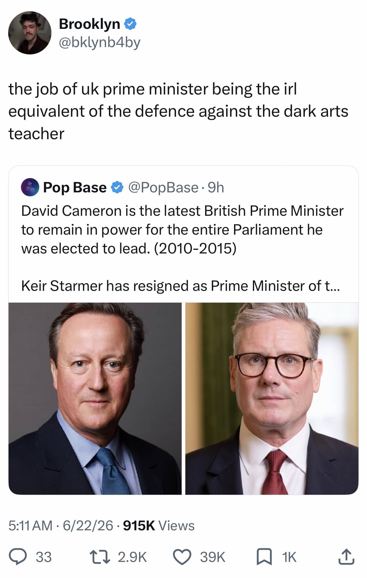 Twitter post comparing the United Kingdom Prime Minister role to a Harry Potter teaching position.