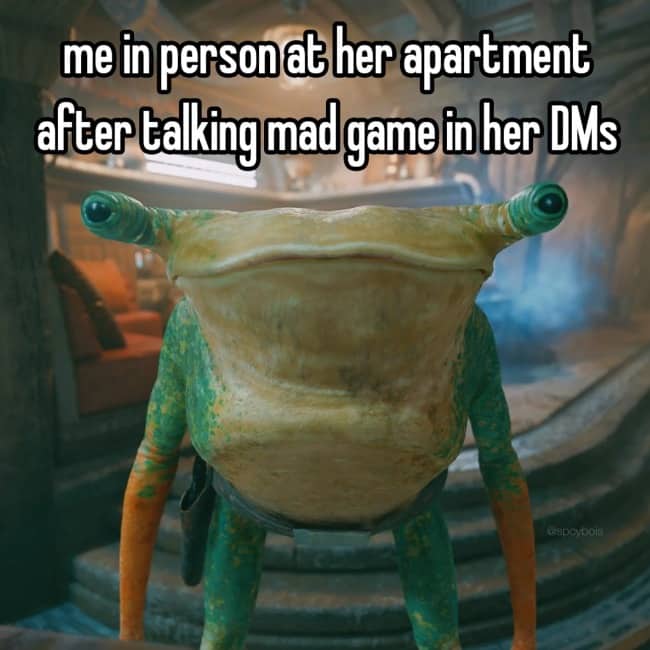 Relatable text overlay of a weird video game creature describing an awkward real life encounter.