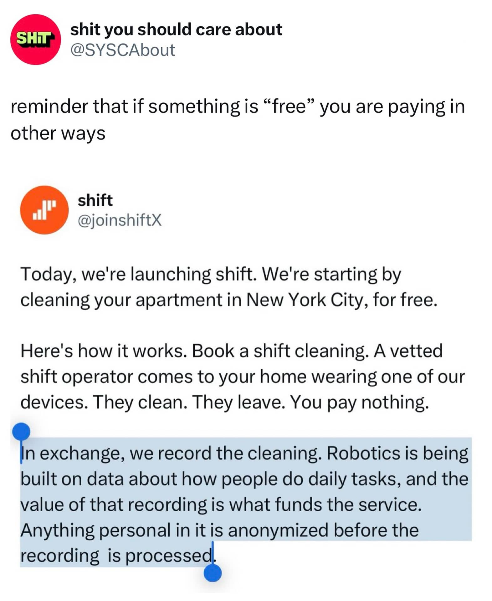 Twitter post explaining a free apartment cleaning service that records data to train robotics software.