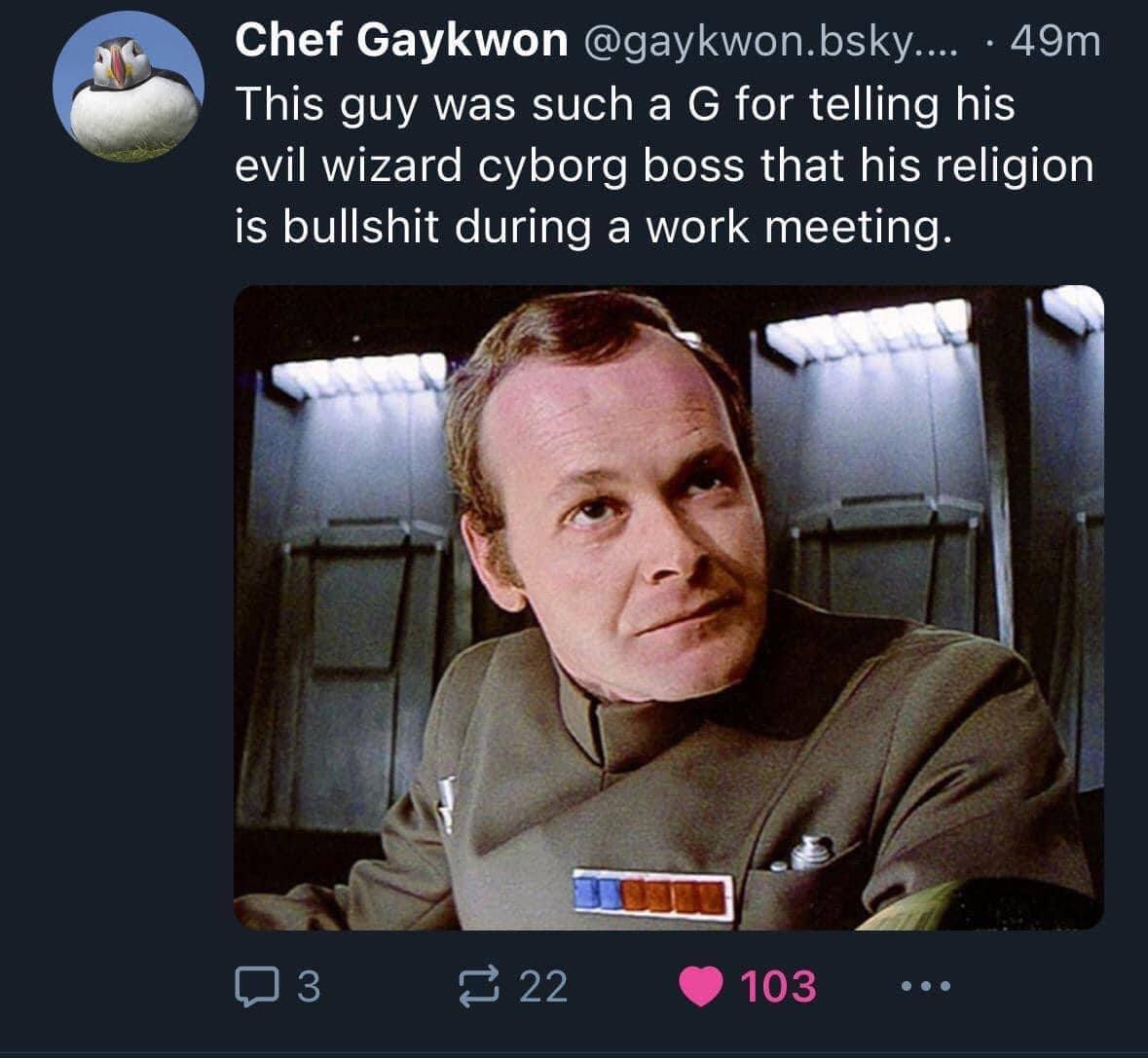 BlueSky screenshot featuring Admiral Motti from Star Wars with a humorous work meeting text description.