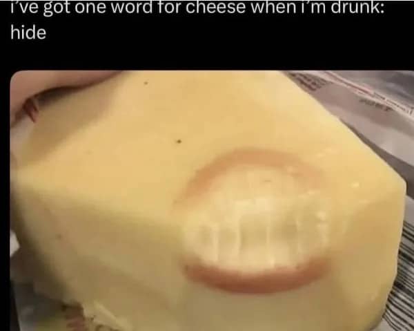 Large block of cheddar cheese showing a distinct human teeth bite mark from late-night snacking.