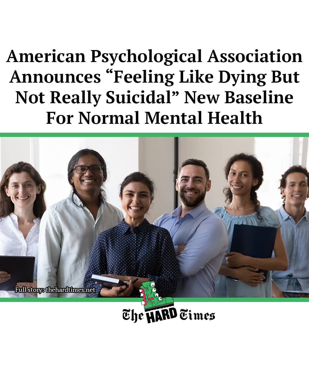 Satirical news article screenshot about feeling like dying becoming the new baseline for mental health.