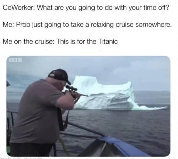 Man aiming rifle from boat at a large white iceberg in the middle of ocean.