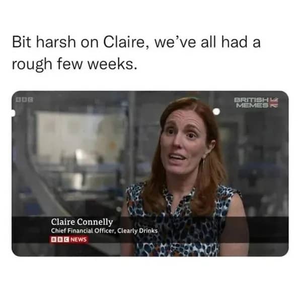News broadcast screen of Claire Connelly with title chief financial officer clearly drinks meme.