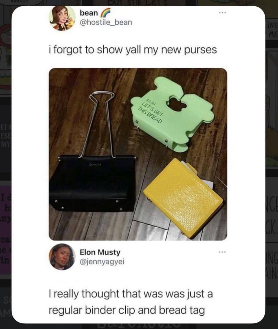 Funny Twitter meme showing novelty purses shaped like a binder clip, bread tag, and manila folder.