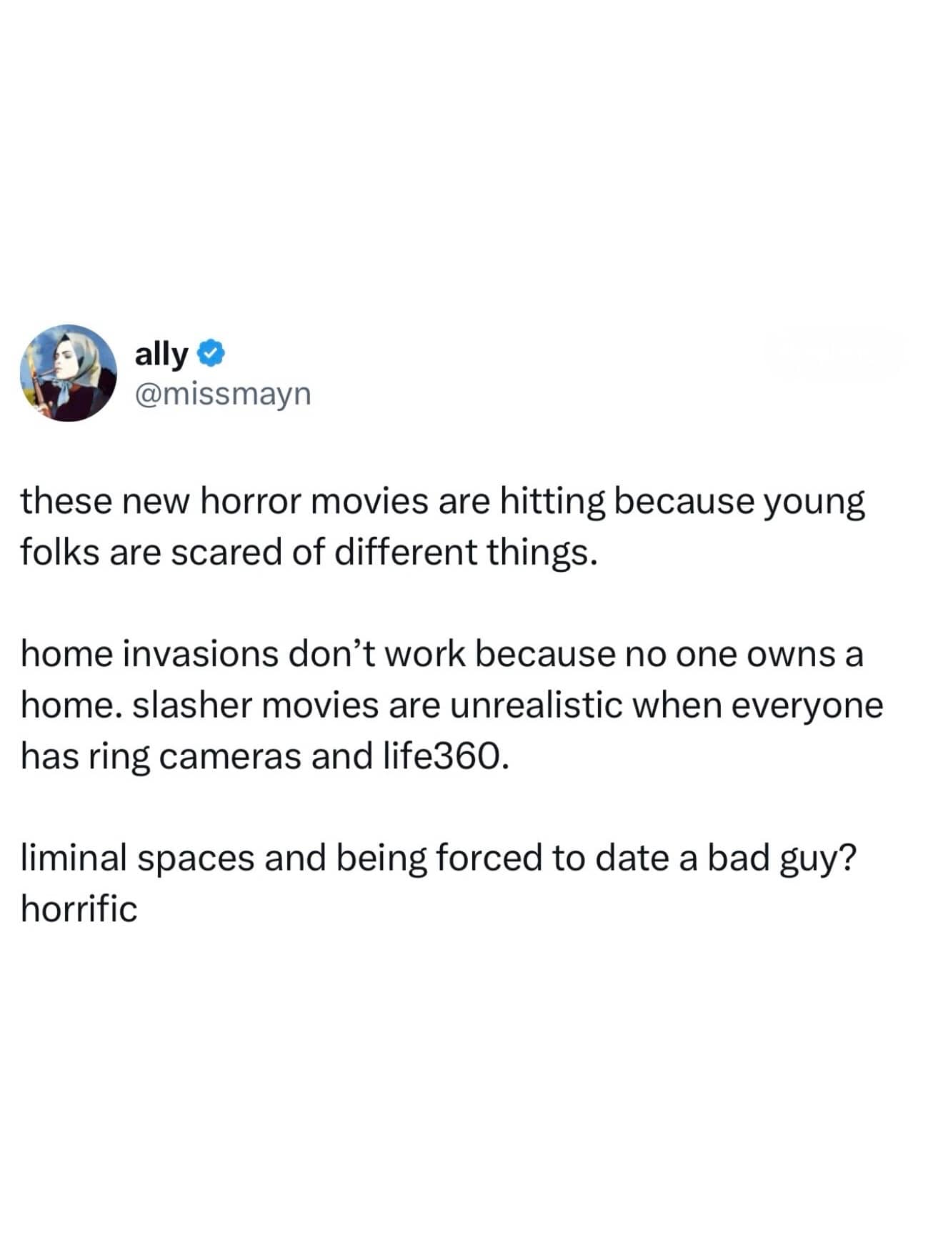 Commentary tweet explaining why modern horror movies focus on liminal spaces and modern dating anxieties.