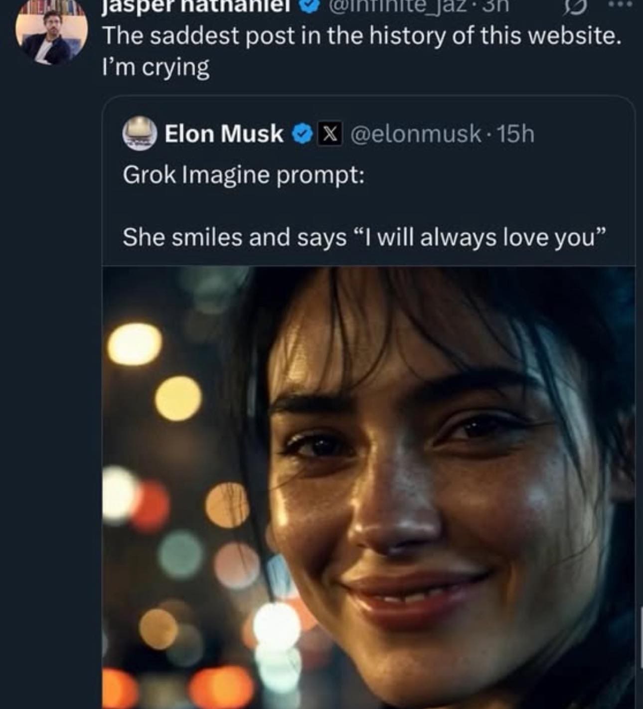 Twitter post calling an AI image prompt by Elon Musk about romantic validation the saddest post in history.