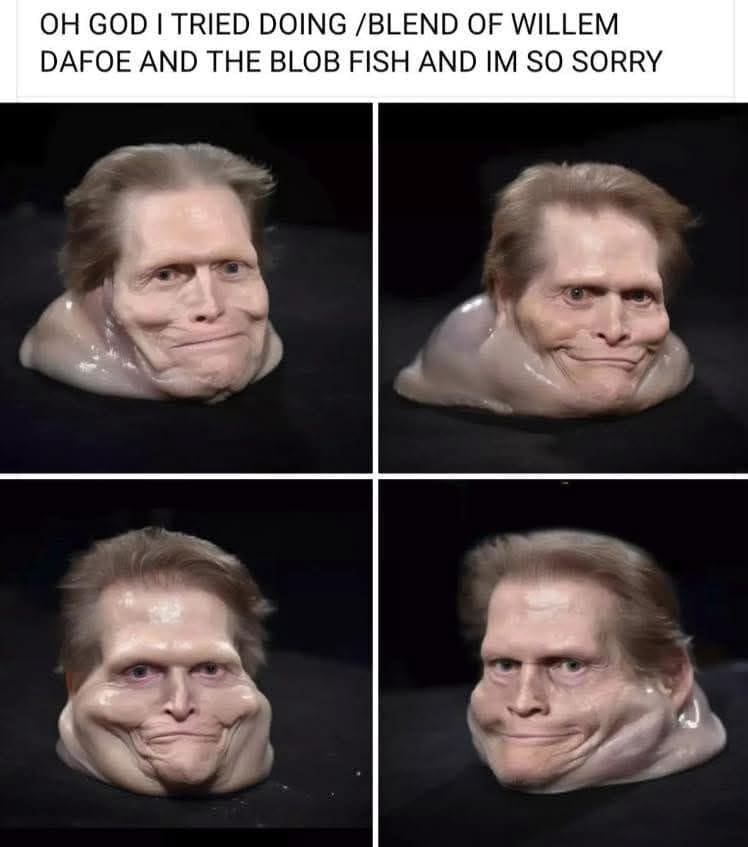 Nightmare-fuel AI memes featuring a four-panel image matrix showing the horrific results of a generative software blend prompt combining actor Willem Dafoe’s iconic grinning face with a slimy, pink deep-sea blob fish.