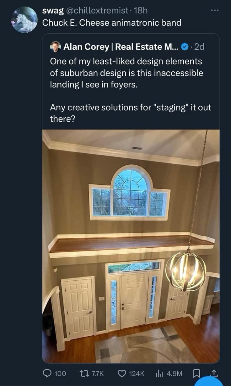 Twitter post mocking an inaccessible suburban foyer landing by suggesting it host a Chuck E. Cheese band.