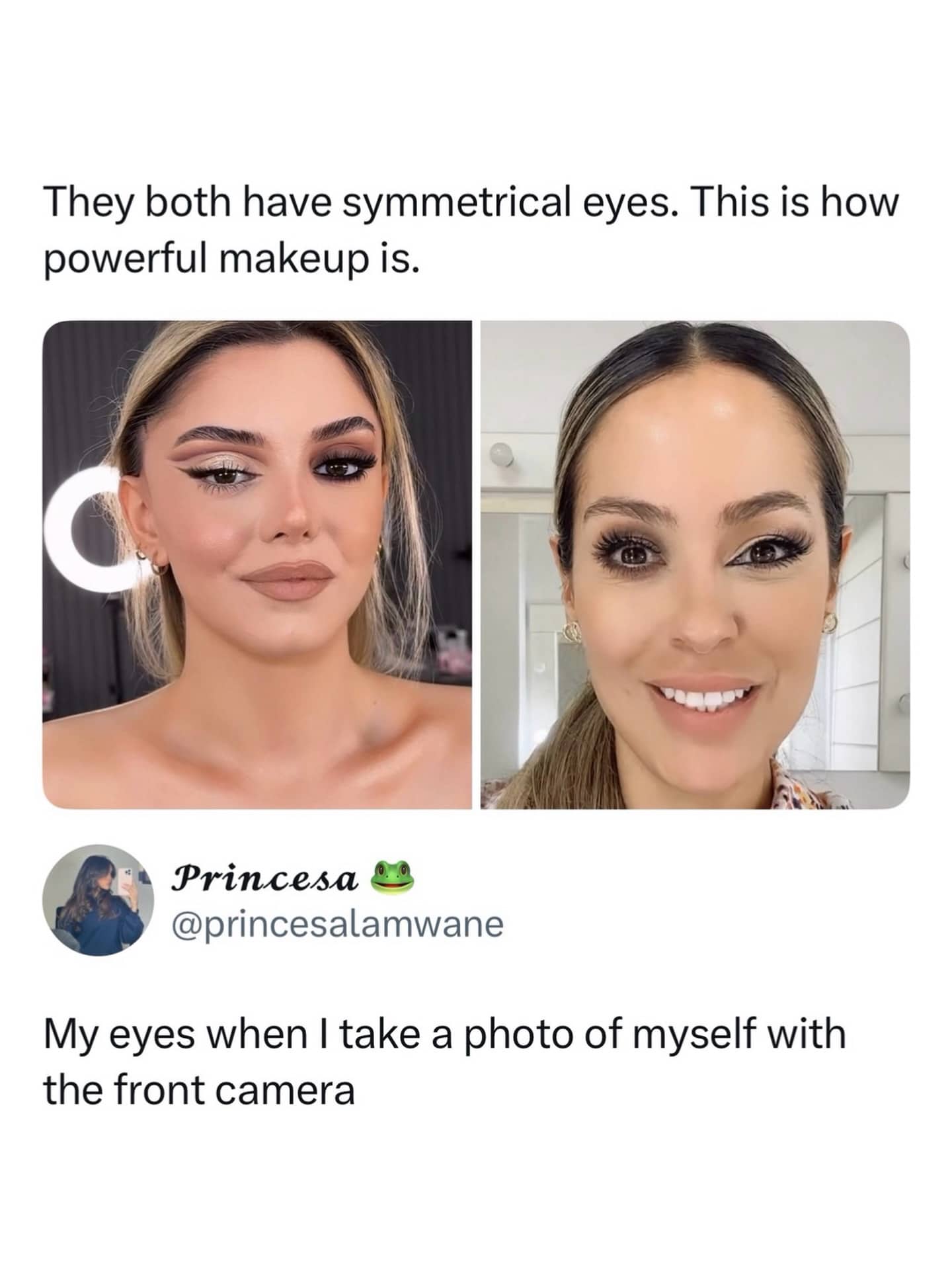 Two women showcasing asymmetric makeup styles on their eyes side-by-side front camera photo meme.