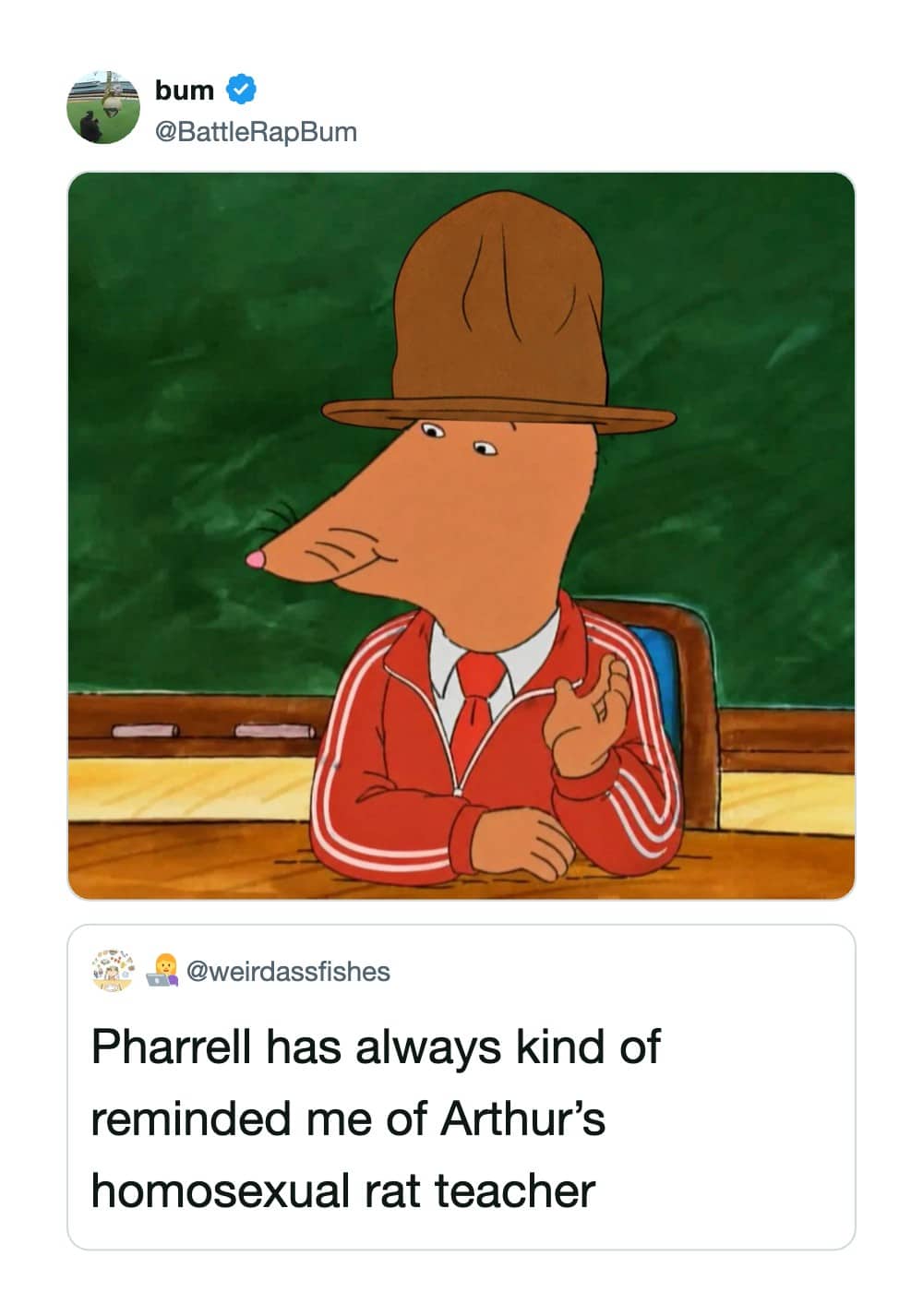 Humorous social media post comparing musician Pharrell Williams to the cartoon character Mr Ratburn from Arthur.