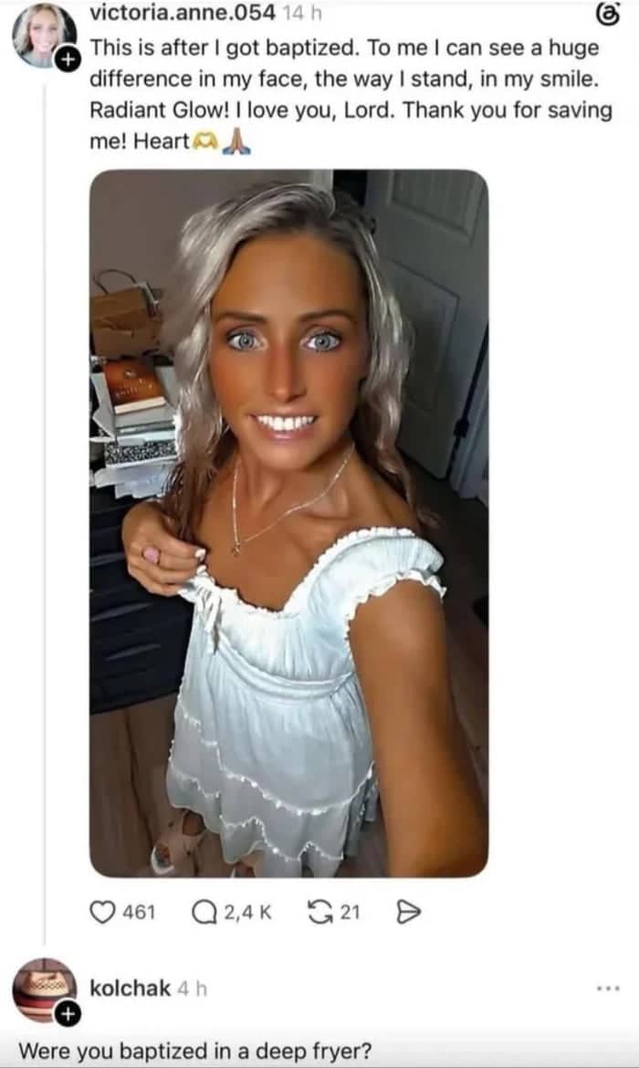 Screenshot of woman showcasing her dark spray tan with a savage social media reply joke.