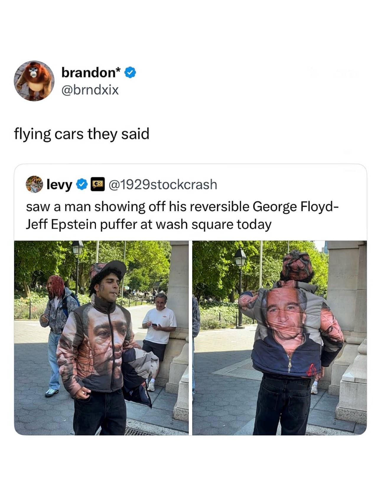 Man outdoors wearing a reversible puffer jacket featuring portraits of George Floyd and Jeffrey Epstein.