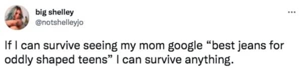 Hilarious text post about a teenager surviving seeing their mother search for oddly shaped clothing online.