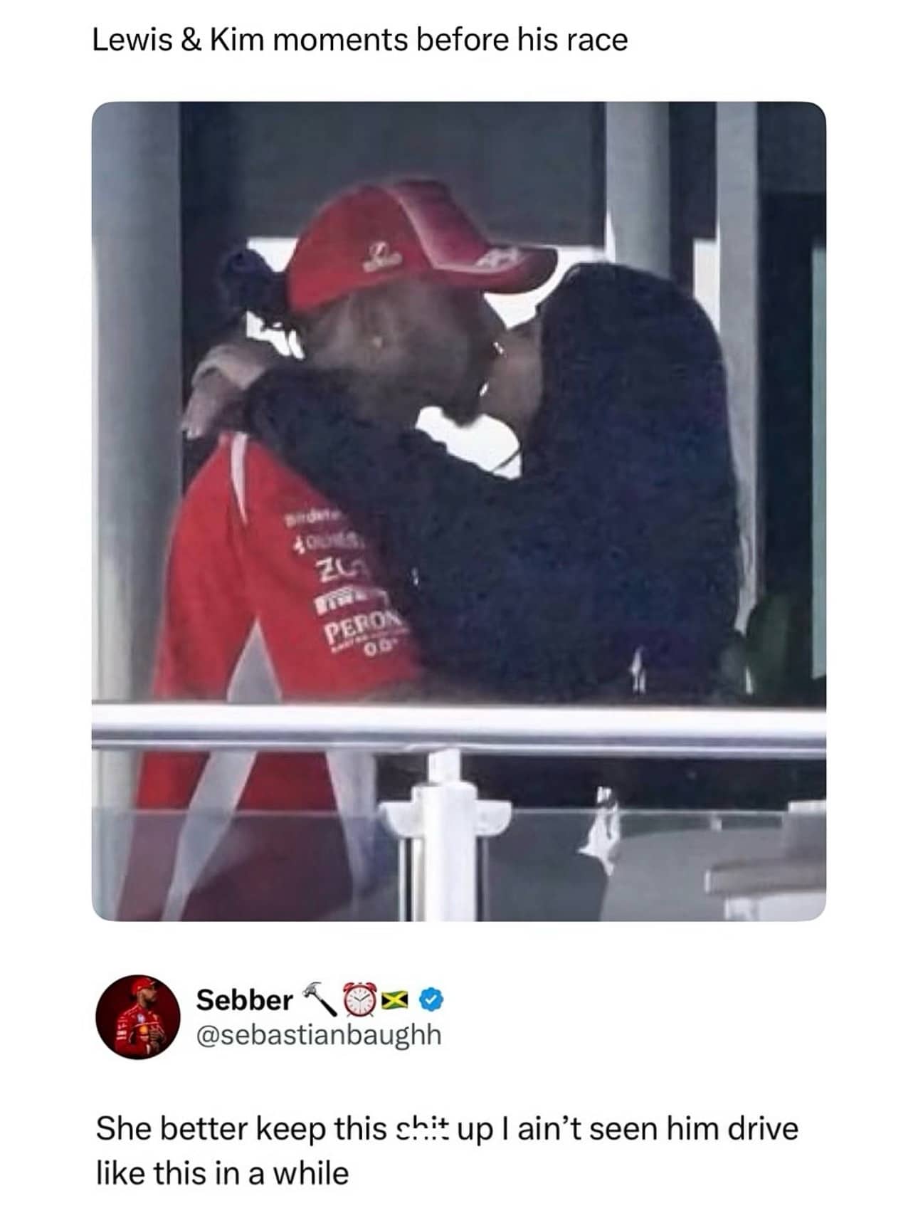 Formula One driver Lewis Hamilton kissing Kim Kardashian before a race funny sports fan meme.