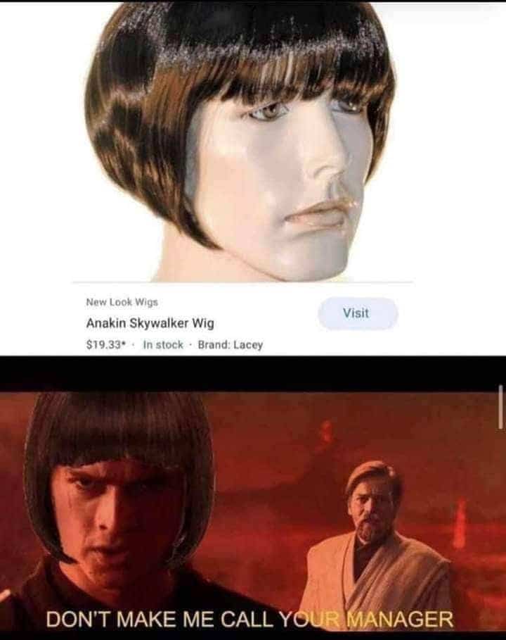 Anakin Skywalker with a Karen haircut on Mustafar telling Obi-Wan to call his manager.
