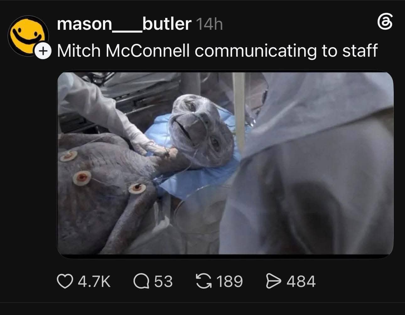 Dark humor meme comparing a picture of E.T. on an operating table to Mitch McConnell.