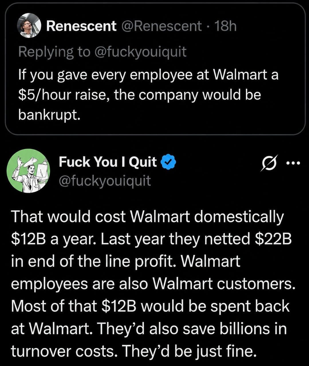 Twitter thread debate analyzing corporate profits versus the economic viability of giving Walmart employees a raise.