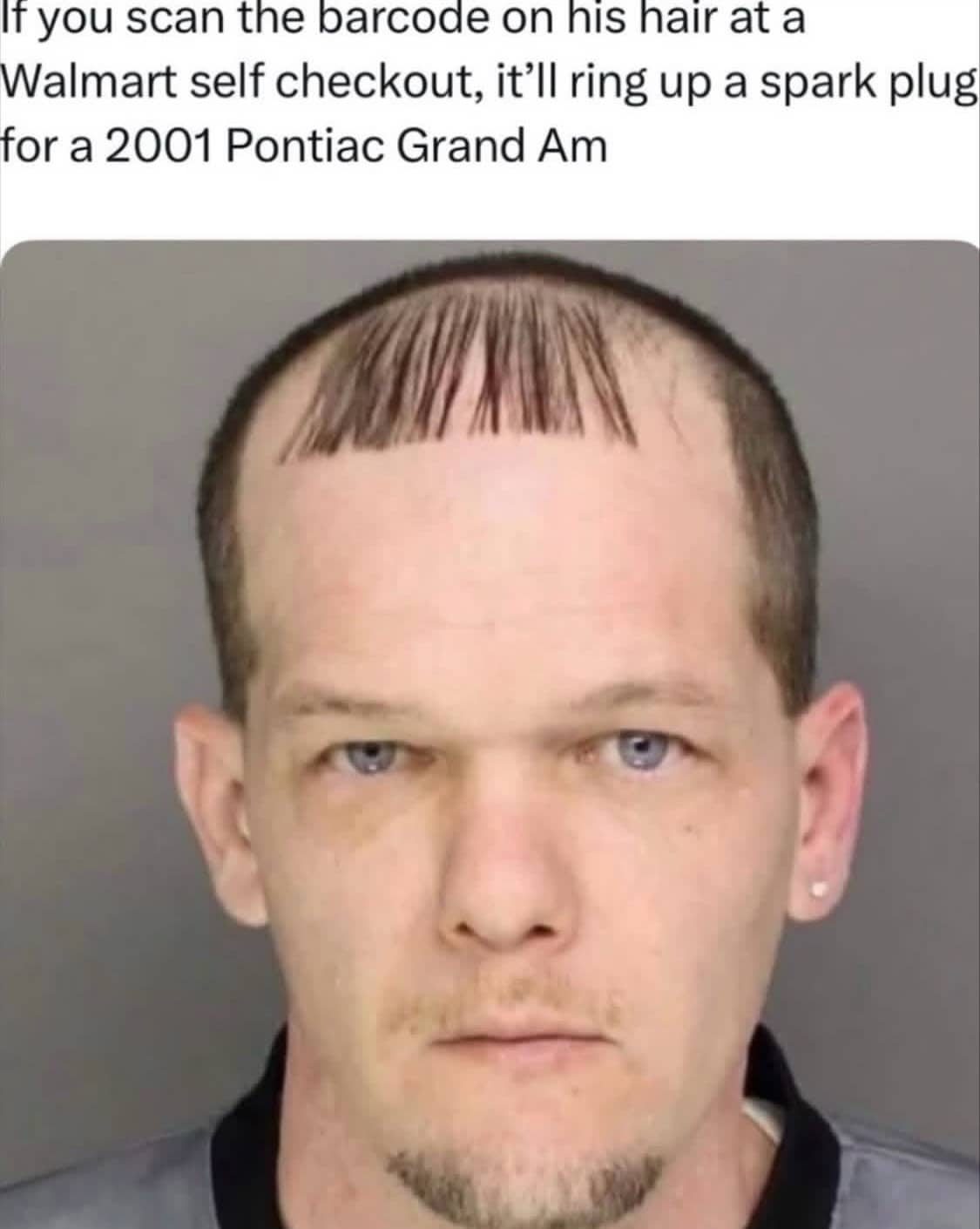 Hilarious mugshot meme comparing a man's unique straight bangs haircut to a scannable store barcode.