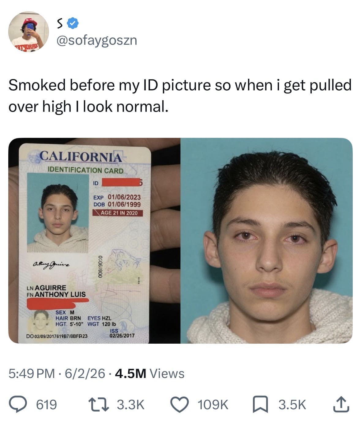 Social media post of a man who smoked marijuana before his California identification card photo to look normal.