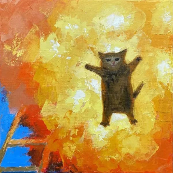 Impressionist oil painting of a crying cat meme standing in front of a bright fiery explosion.