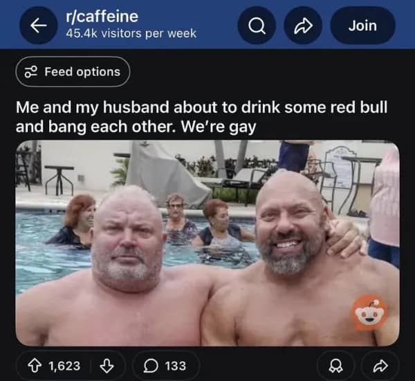 Two muscular men smiling in a swimming pool posted to the caffeine subreddit community.