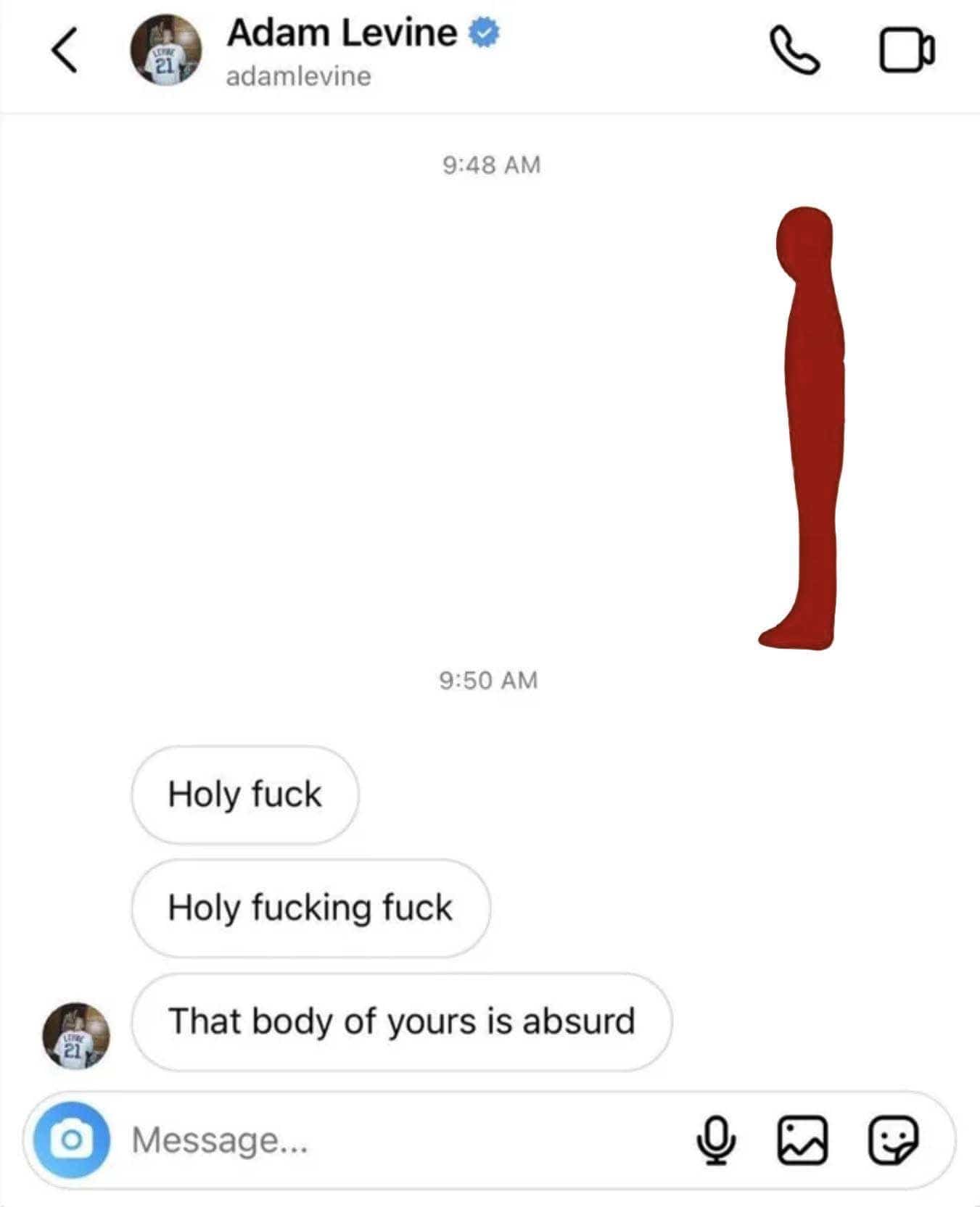 Adam Levine leaked text message meme paired with a strangely proportioned red silhouette figure.