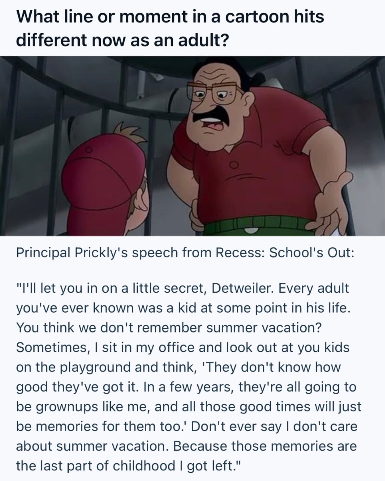 Nostalgic cartoon screenshot of Principal Prickly from Recess discussing the bittersweet value of childhood summer vacations.