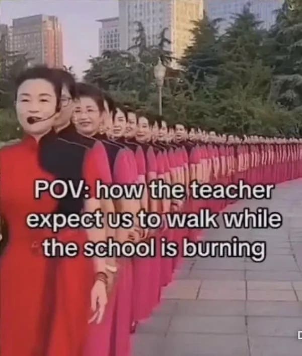 Meme showing a long, perfectly straight line of matching women during a school fire drill.