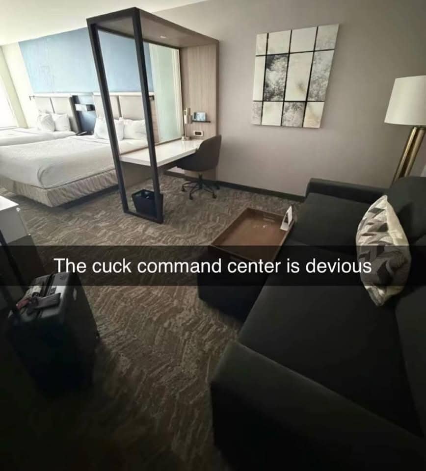Snapchat screenshot meme showing an awkwardly placed hotel room desk facing directly toward two beds.