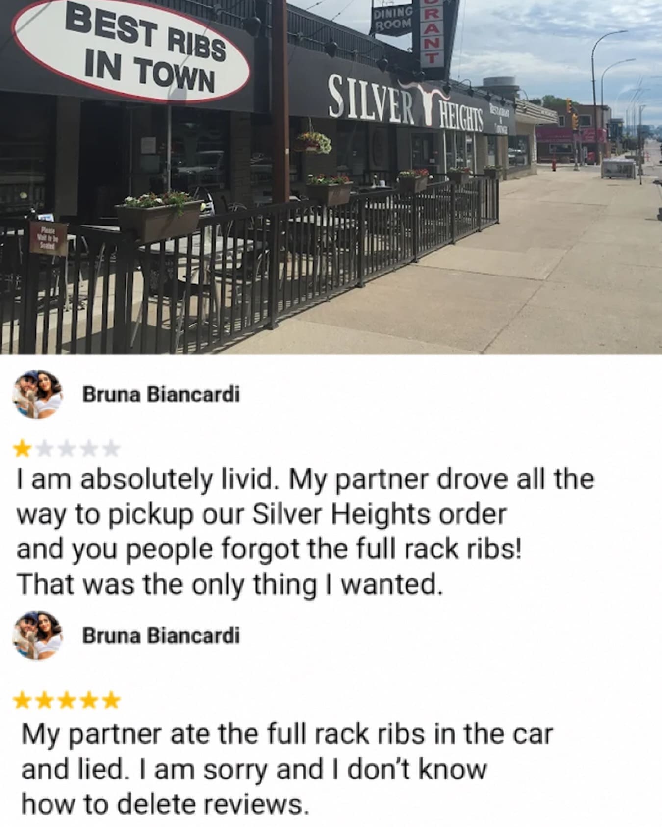 Funny restaurant review update revealing a partner ate the missing ribs in the car and lied.