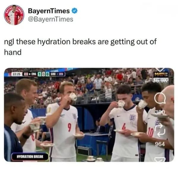 Funny tweet showing English football players drinking from formal teacups during a match hydration break.