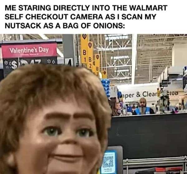Dummy doll staring at a Walmart self-checkout camera while scanning items incorrectly.