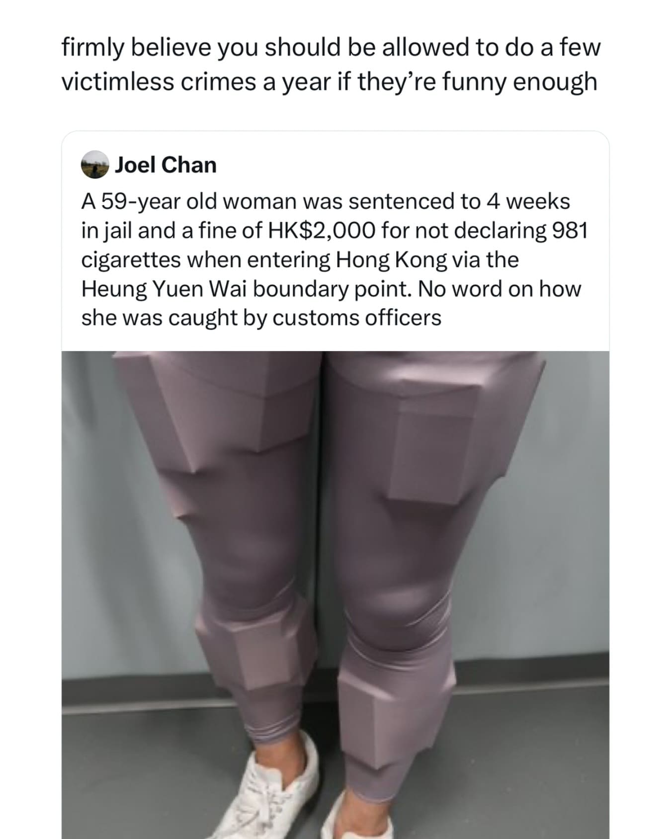Close-up of legs wearing tight purple leggings bulging with rectangular outlines of smuggled boxes of cigarettes.