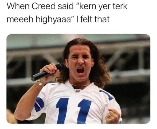 Scott Stapp from the band Creed singing passionately into a microphone with funny phonetic lyrics text.