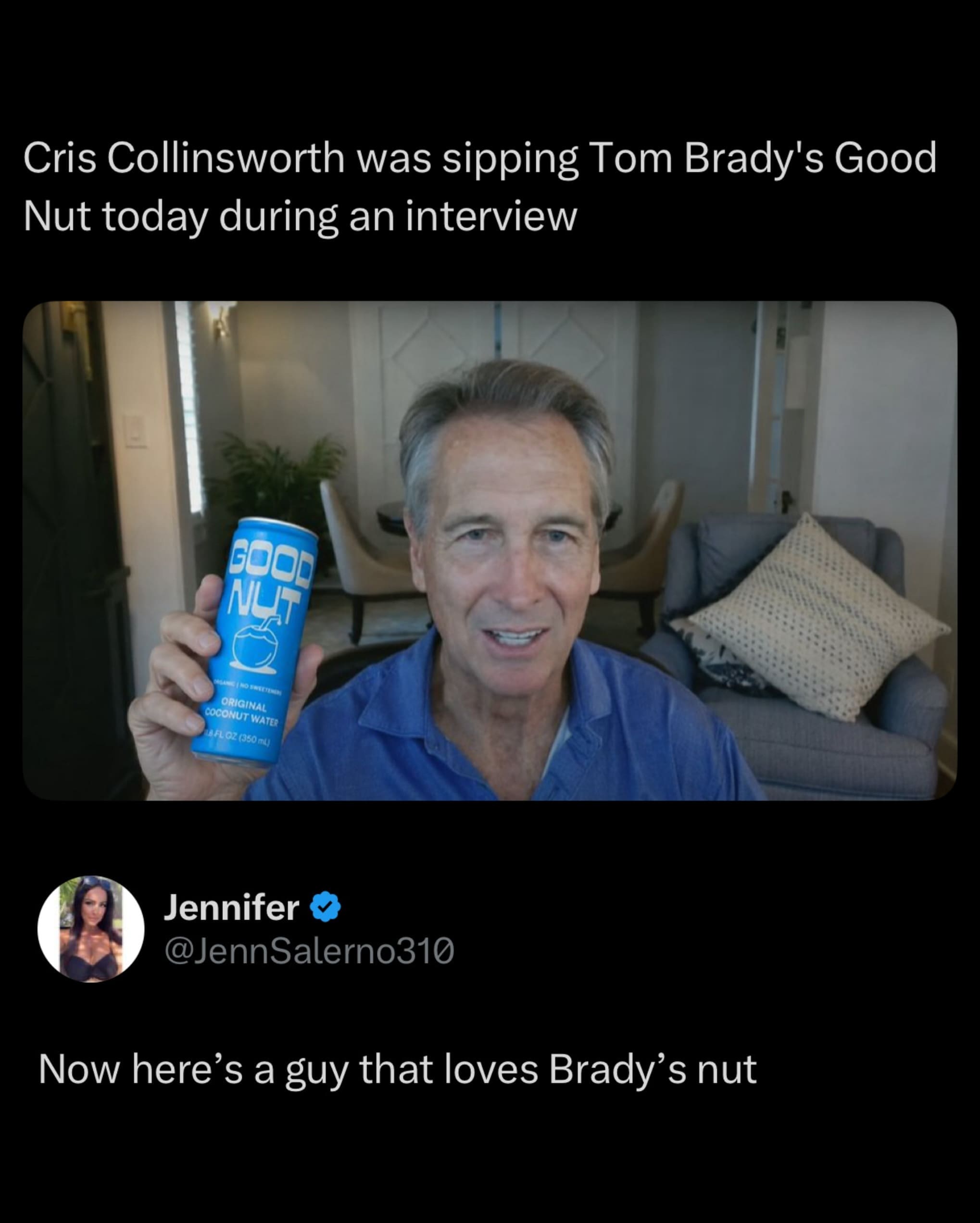 Social media screenshot making a double entendre joke about Cris Collinsworth holding a coconut water.