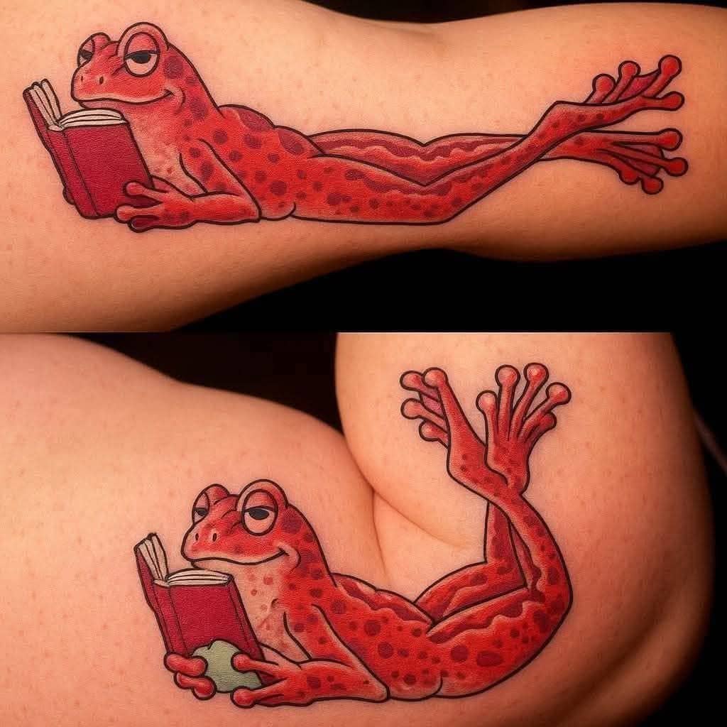 A tattoo of a red spotted frog reading a book that bends when the arm flexes.
