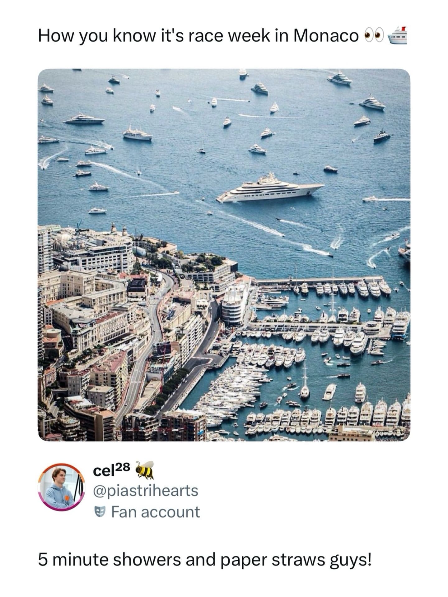 Aerial view of crowded Monaco harbor filled with mega yachts during race week contrasting with individual environmental efforts.